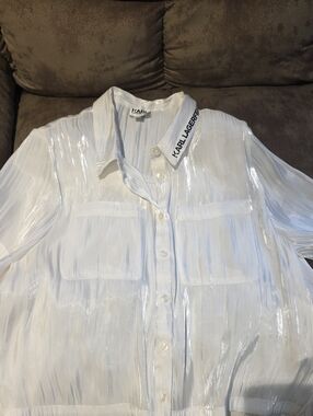 Karl Lagerfeld White Shimmery Button-Front Shirt with Branded Collar